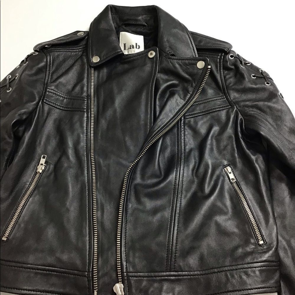 Lab London Black Leather Moto Biker Jacket Lattice Sleeve Size Medium - Picture 4 of 10